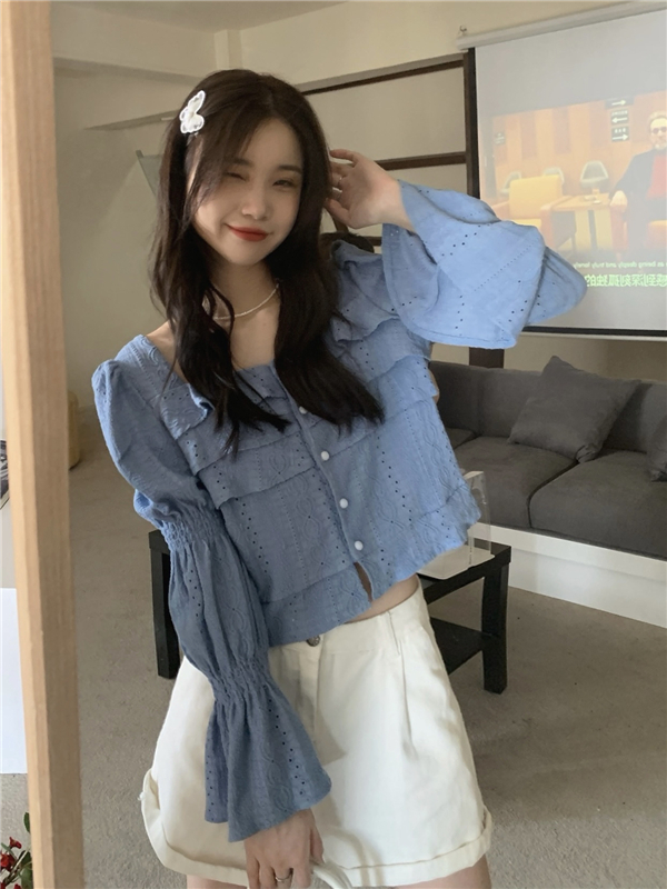 Real Price French Embroidery Short Lace Shirt Women's Autumn Retro Puff Sleeve Square Neck Top