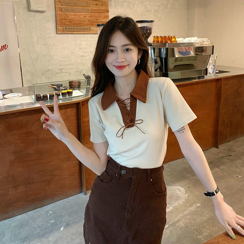Polo collar straight shoulder T-shirt women's summer Korean 2022 new bandage design feeling slim short sleeved top
