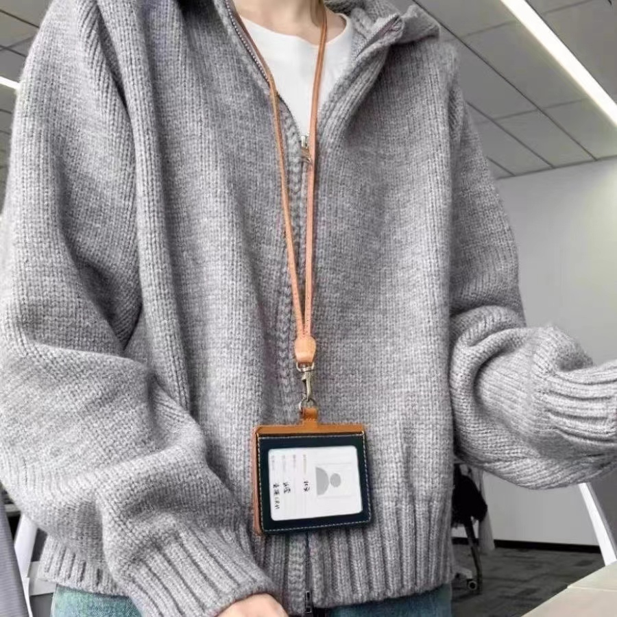 Sheep wool 2024 autumn and winter new style women's Korean style ins simple gray zipper hooded sweater cardigan