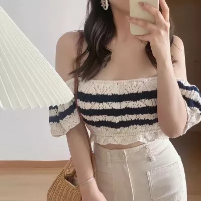 2022 spring new women's hollow short slim knit short sleeve striped top