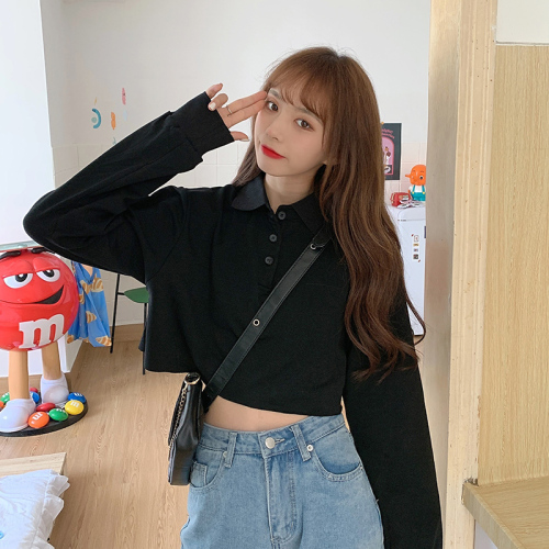 2020 new style sweater women's Korean Short style college polo collar versatile long sleeve navel exposed thin