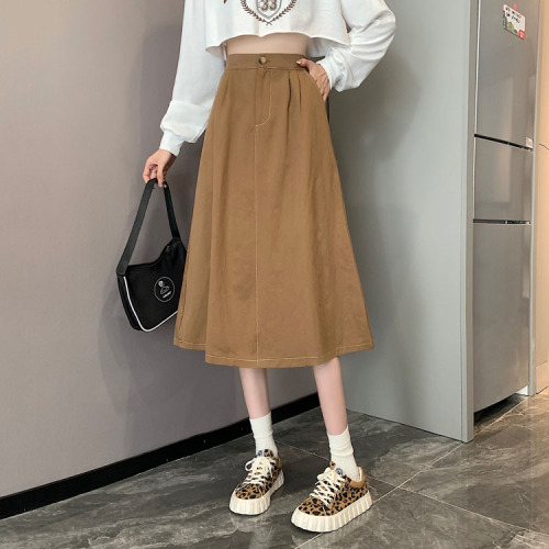 Real shooting real price ~ autumn new Korean version design high waist, thin and loose mid-length A-line skirt skirt women