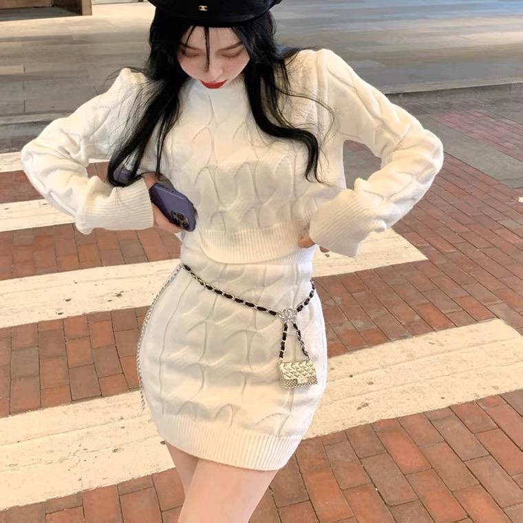 Autumn and winter net red same style knitted sweater suit women's slim and thick long-sleeved twist high waist bag hip skirt two-piece set