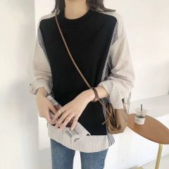 Europe station autumn 2020 new fashion design fashionable fake two piece stitching stripe loose casual long sleeve shirt woman