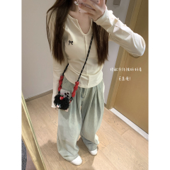 Real shot of autumn and winter Korean style half-open collar fishbone pleat slimming bow pure cotton long-sleeved inner top T-shirt