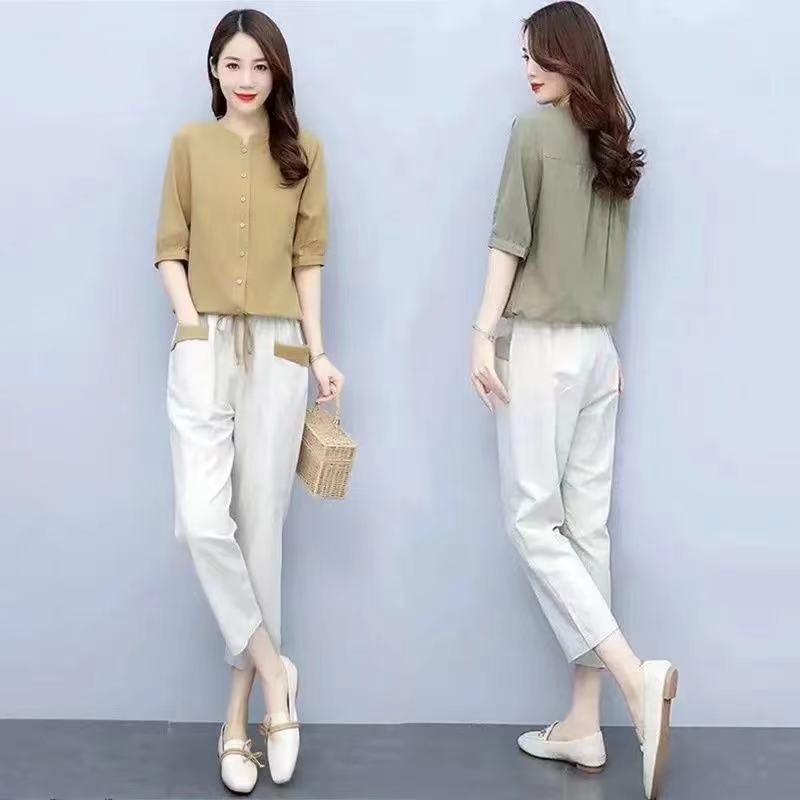 Linen suit women's 2023 summer new foreign style age-reducing fashion casual top cropped pants cotton and linen two-piece trendy