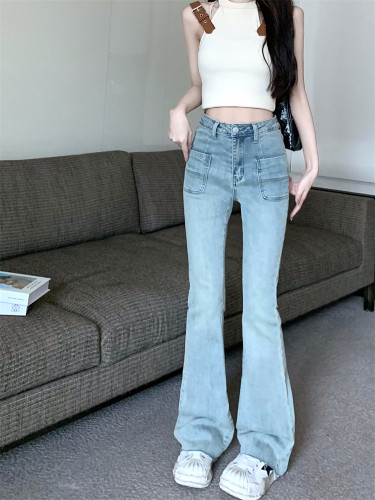 Real shot real price American retro bootcut jeans women's high waist slim stretch stretch trousers