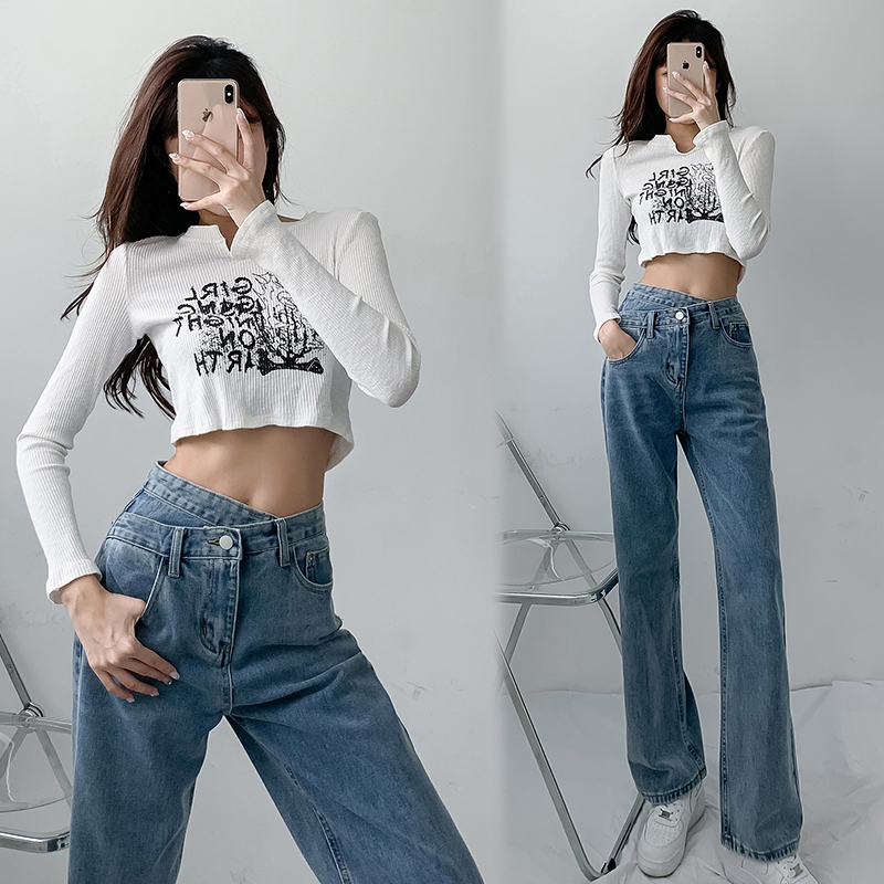 Real shooting three color retro light blue high waist design cross waist jeans women's thin pants vertical floor mops