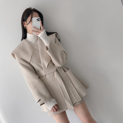 Korean ins autumn and winter fashion chic big lapel small tie woolen coat woolen coat