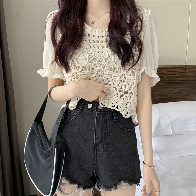 Real price ~ Vintage hollow out hook flower short style, versatile short sleeved top, female