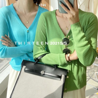 Universal and versatile cardigan knitted coat women's V-neck pit strip thin ice silk long sleeve top Korean version slim shirt