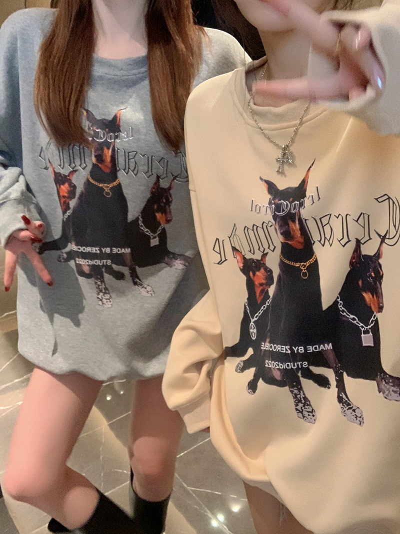 Real shot real price Doberman print long-sleeved pullover Korean version loose mid-length hooded sweater women's new lazy style