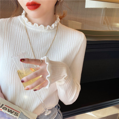 Knitted bottomed blouse women's autumn and winter with foreign style new fungus edge white sweater thin slim top