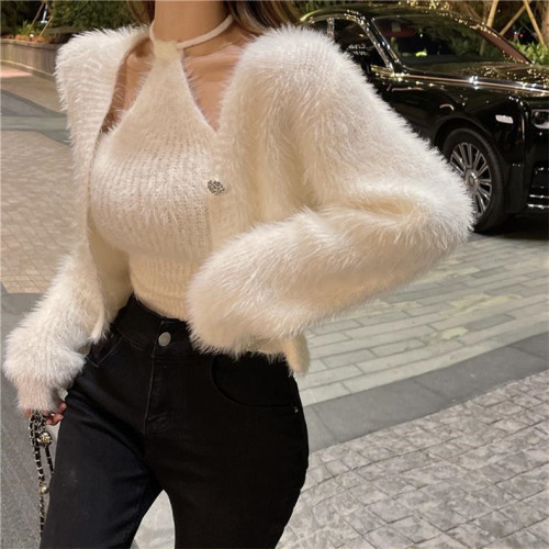 Knitted suit women's autumn and winter cardigan sweater jacket sexy halter neck bottoming sling salt wear two-piece suit