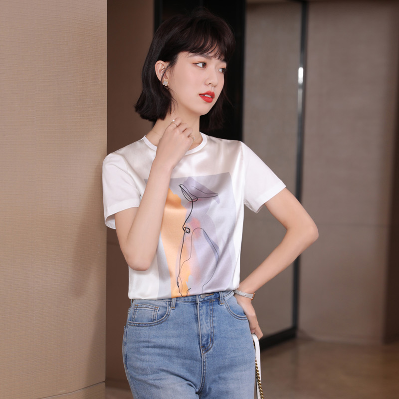 Real shot heavy new summer dress mulberry silk T-shirt jacket foreign style 2023 silk short-sleeved women's printed satin casual