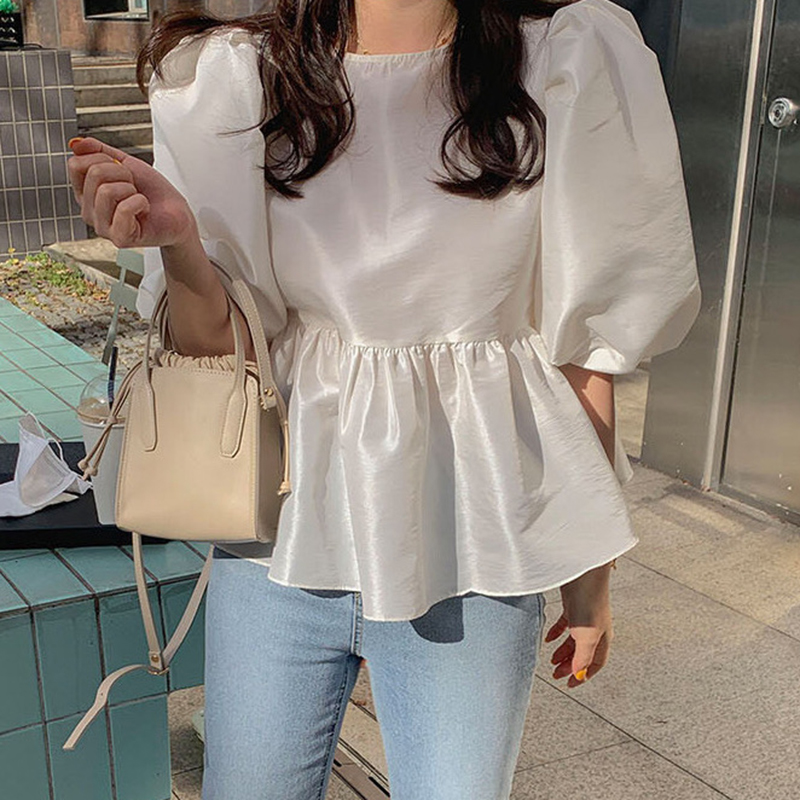 South Korea chic summer playful age reduction round neck glossy loose short Lantern Sleeve Baby Shirt Top