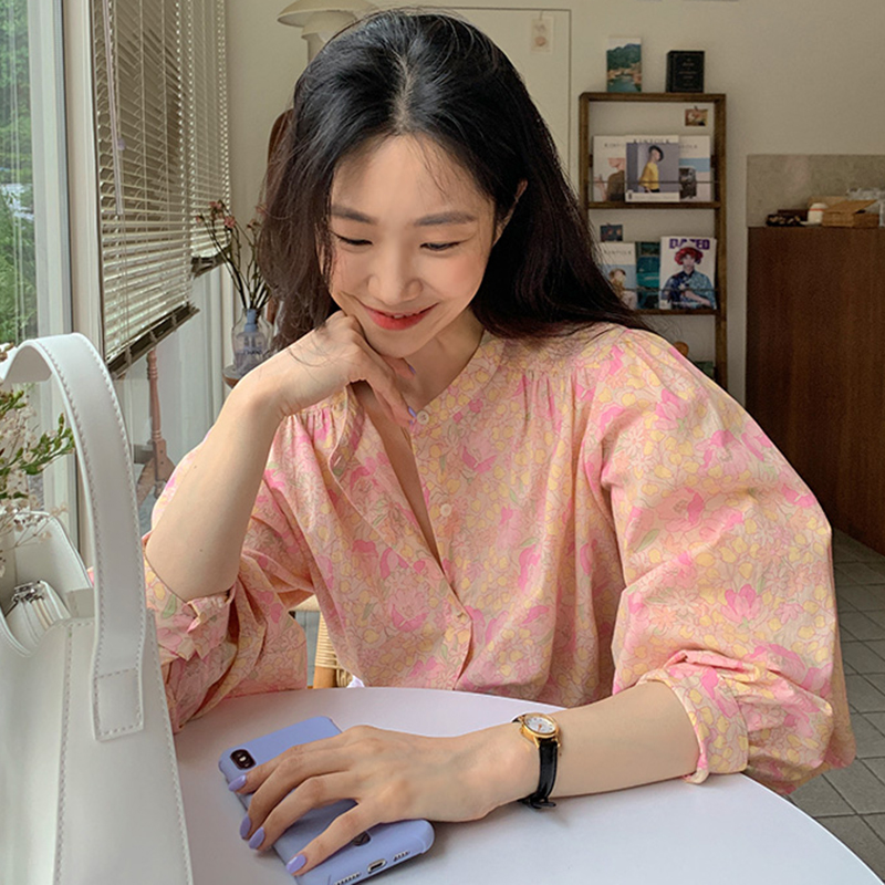Flower round neck single breasted loose Lantern Sleeve thin sunscreen Shirt Top