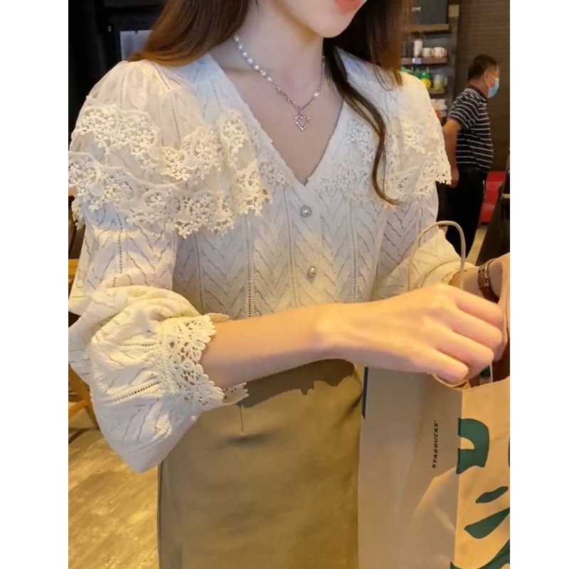 New large women's lace shirt women's autumn sweet bubble sleeve foreign style small shirt collar