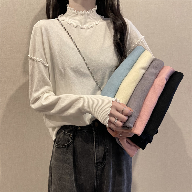 New all-match foreign style high-necked fungus top with white knitted bottoming shirt for women