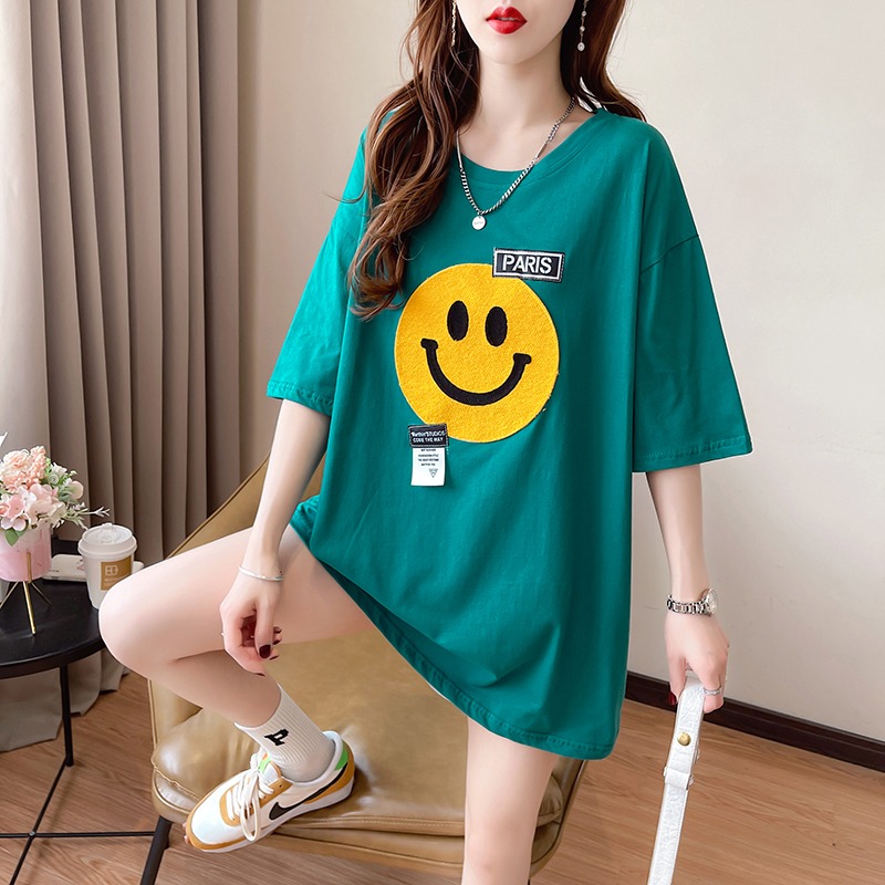 Real shooting pure cotton loose summer design smiling face embroidery 2022 round neck short sleeve t-shirt female