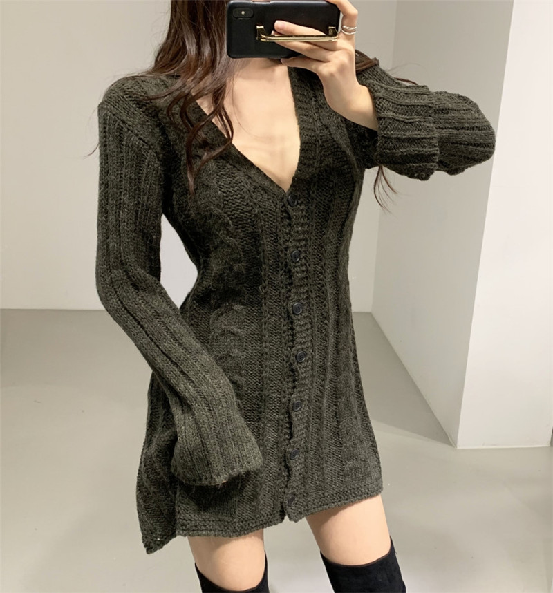 Korean chicv neck sexy single breasted twist off shoulder Long Sleeve Dress