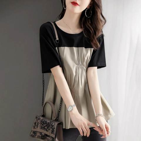 2022 summer new fat mm fake two piece spliced short sleeve T-shirt women's loose wrinkled foreign style versatile top