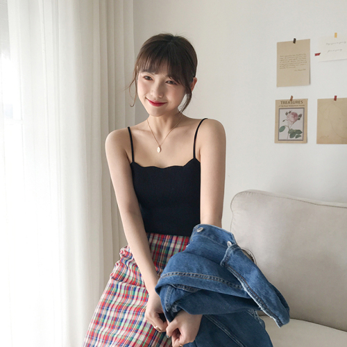 Solid color knitted Camisole women's spring new Korean version short fit show thin inside with bottom coat