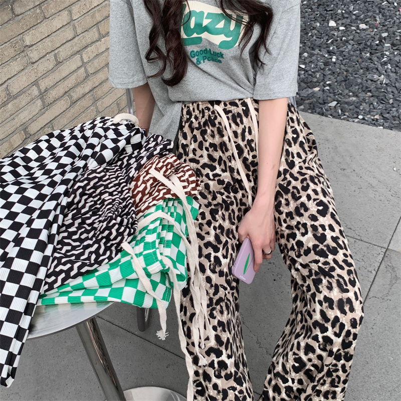 Real time chessboard check pants children's spring slim casual straight pants loose black and white check hanging feeling wide leg pants