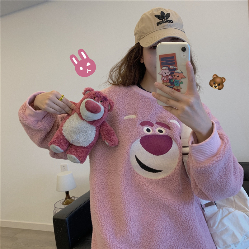 Real shot ~ cartoon fun ins girl strawberry Cartoon Bear cute embroidered lamb wool Pullover Sweater autumn and winter Korea