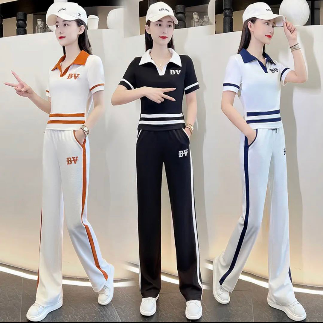 Hot 2023 new summer casual sports short-sleeved wide-leg pants suit for women BV versatile slimming and age-reducing two-piece set