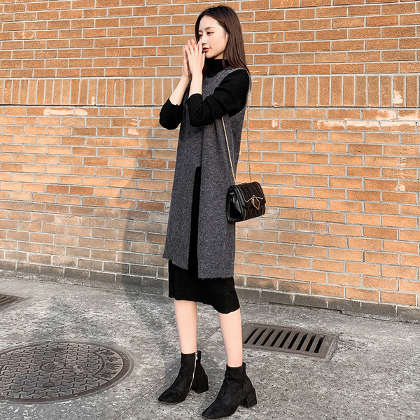 Autumn and winter new Korean version slim two-piece Pullover Plush thickened split vest skirt length vest dress