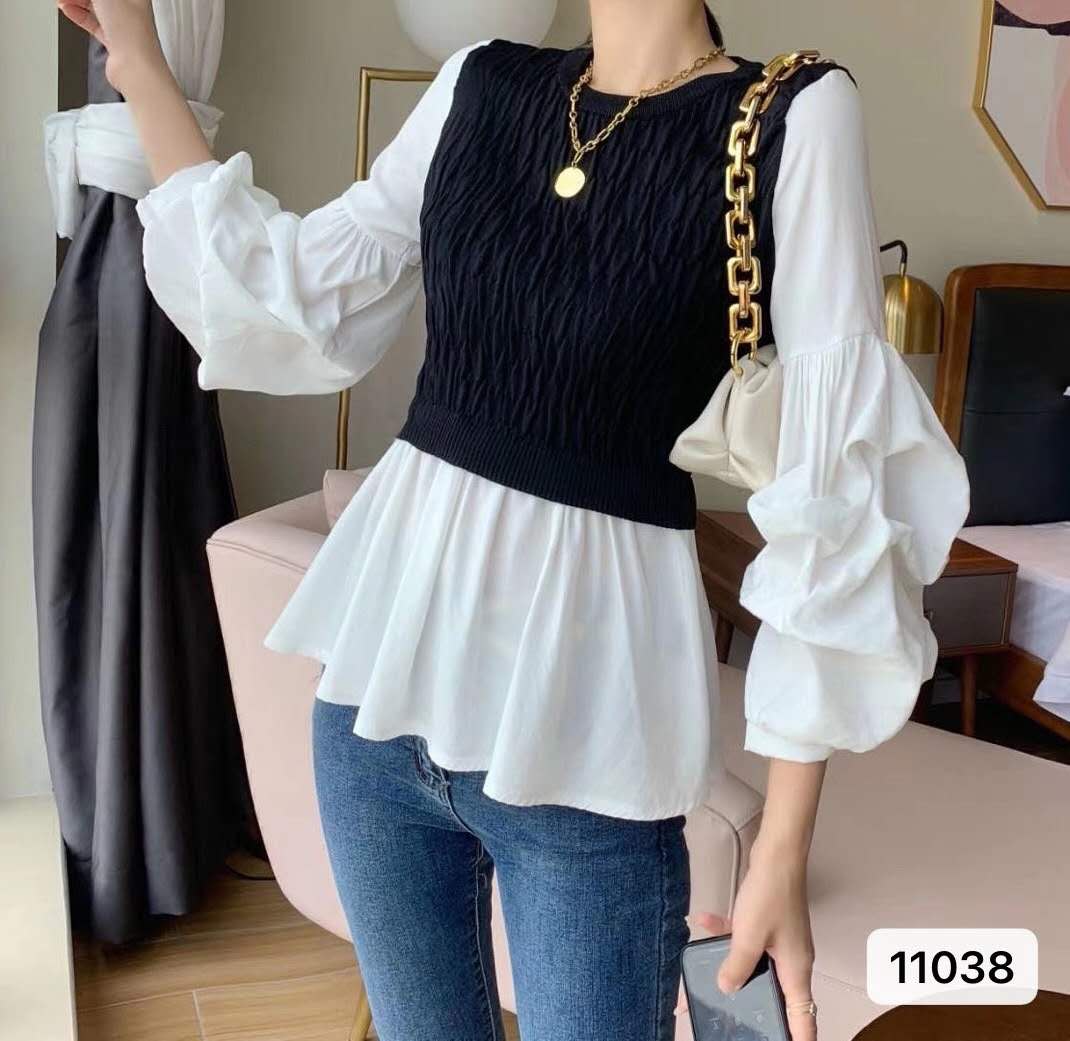 Autumn and winter 2021 new Korean fake two-piece shirt slim women lantern long sleeve versatile stitching Knitted Top