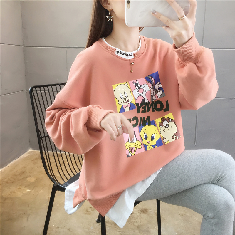 Real shot women's loose sweater Korean spring and autumn thin 2020 new fashion fake two cartoon printed student top
