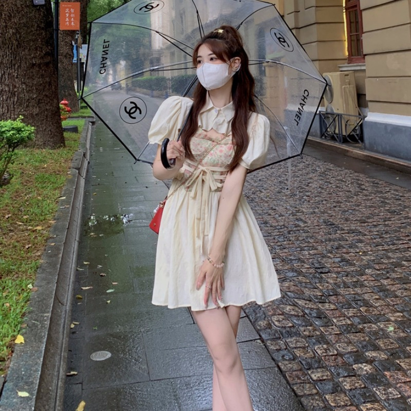 Sweet and spicy chiffon two-piece skirt women's summer French cream floral pure desire suspender skirt puff sleeve shawl suit