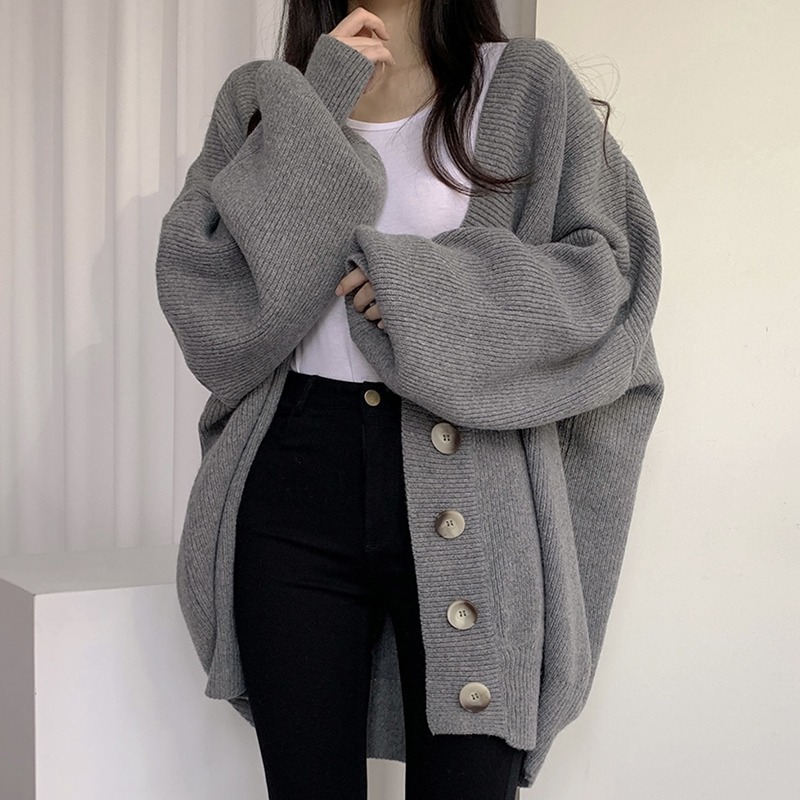 Korean chic autumn and winter casual lazy style V-neck single-breasted loose lantern sleeves knitted cardigan sweater jacket women