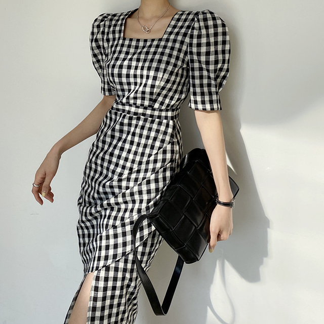 Korean chic French square collar plaid slit puff sleeve waist short-sleeved dress