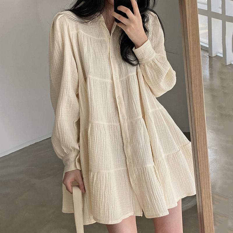 Korean spring simple air Lapel fold feeling loose single breasted bubble sleeve short doll dress