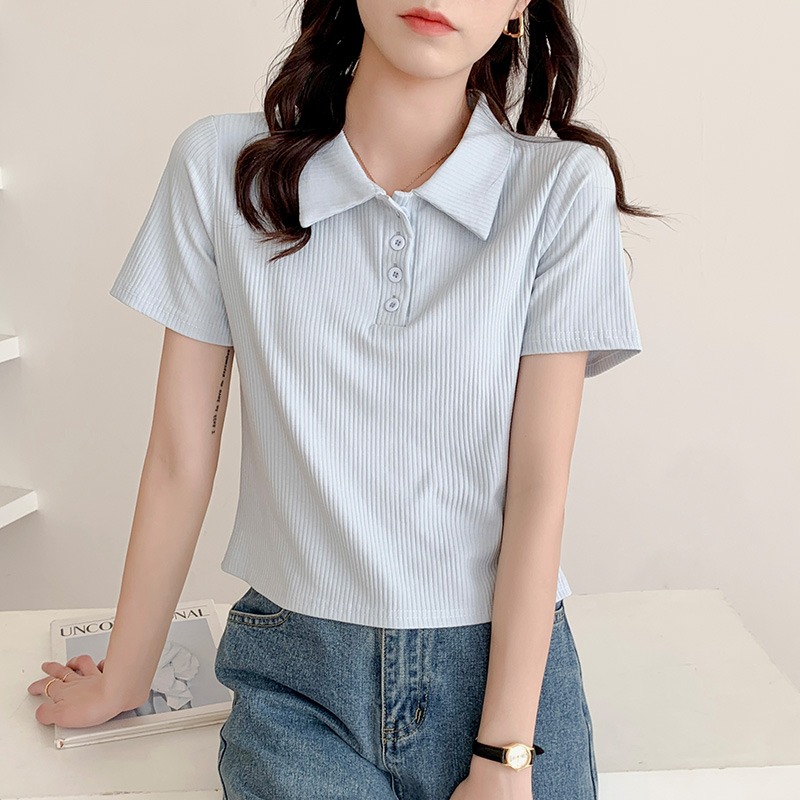 Real shot polo collar short sleeve women's T-shirt 2022 new summer ice silk short small solid color top