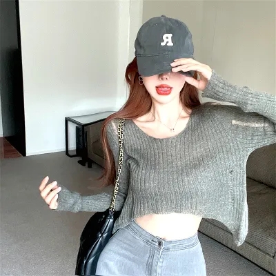 Spice Girl Navel Knitwear Early Autumn Design Sense Basic Smock Hollow Long-sleeved Top