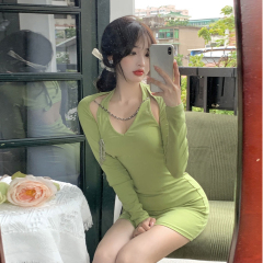 Halter neck suspender dress female 2022 new summer hot girl knitted shawl bag hip short skirt pure desire wind skirt female