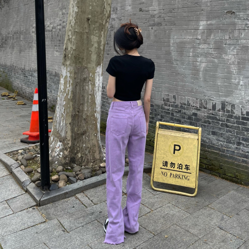 Light purple split micro horn jeans children summer slim high waist straight tube lengthened color mop pants ins