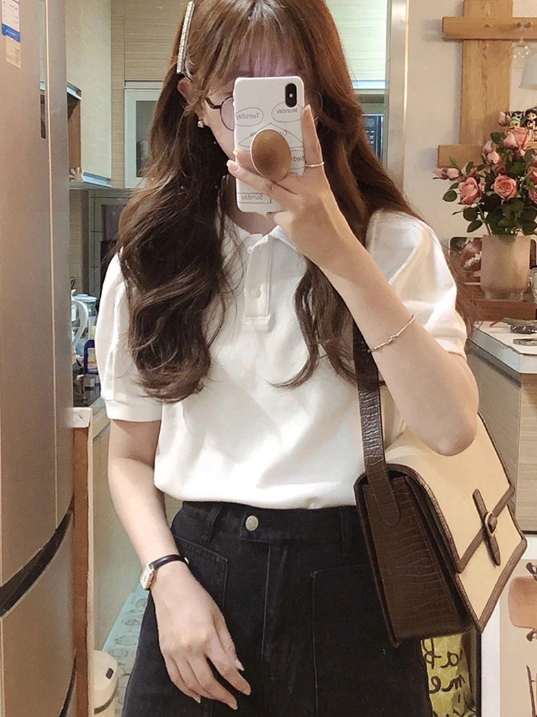 White short-sleeved polo shirt women's summer new temperament thin design sense niche solid color shoulder T-shirt ins