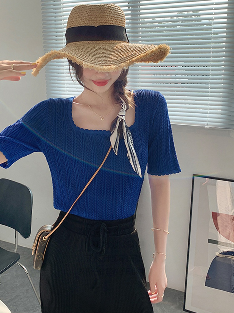 2022 new chic one shoulder ice silk short sleeve sweater hollow square neck slim fit T-Shirt Top Women's summer thin style