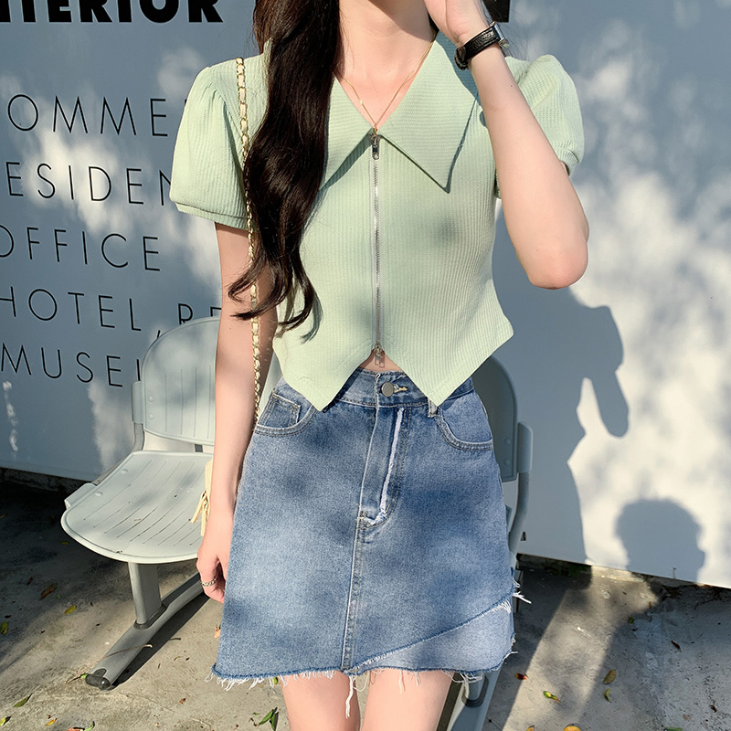 Real shot waffle cotton 200g T-shirt women's short-sleeved design zipper cardigan short top summer polo collar shirt
