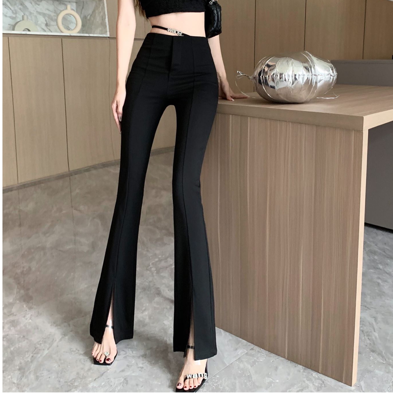 2022 new black cross tie micro flare pants women's design high waist slim slit pants
