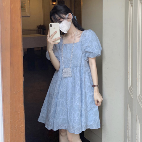  French Square Neck Jacquard Dress Women's Spring and Summer Salt Style Wear with First Love Style Chic Western Style Milk Good Dress