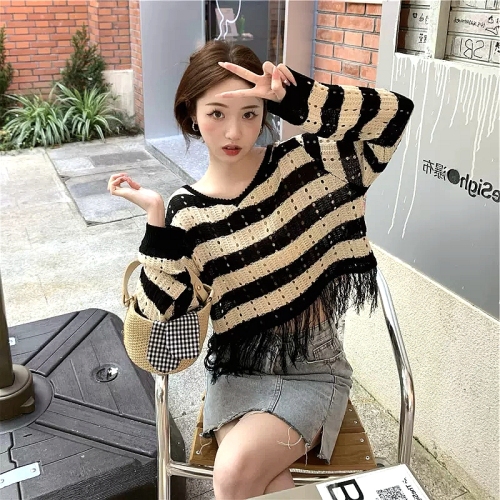 Early autumn women's clothing  new lazy style French retro hollow fringed long-sleeved striped sweater top