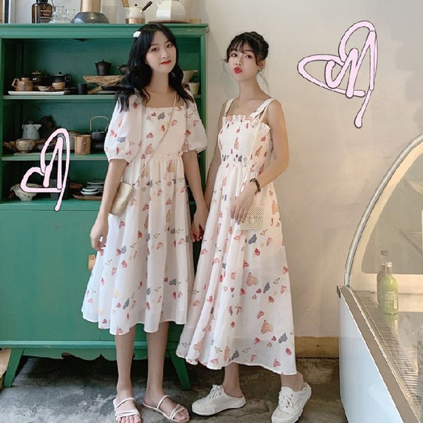 Summer 2022 new Mori girlfriends and sisters middle and long style with thin waist and broken flower square collar suspender dress for women