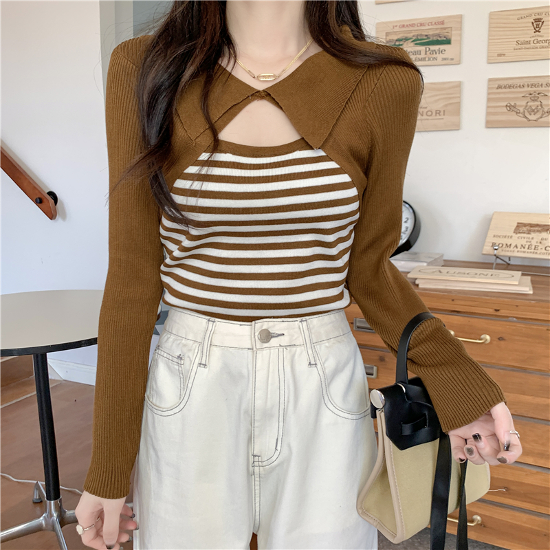 Real shooting real price Sweet and hot girl design sense long-sleeved sweater blouse + striped knitted suspenders two-piece set
