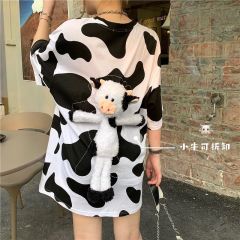 Real photo 2021 summer new flower cow pattern short sleeve T-shirt women's trendy round neck back three dimensional calf top